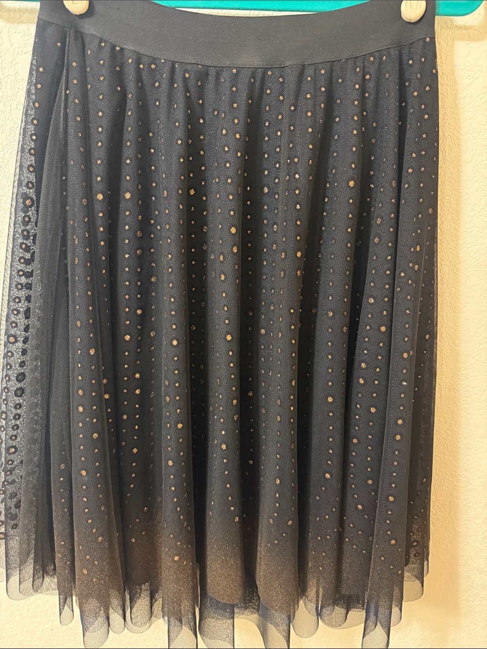 Navy blue and Black elastic waist Mesh Mid lengthSkirt with Gold metallic Detail